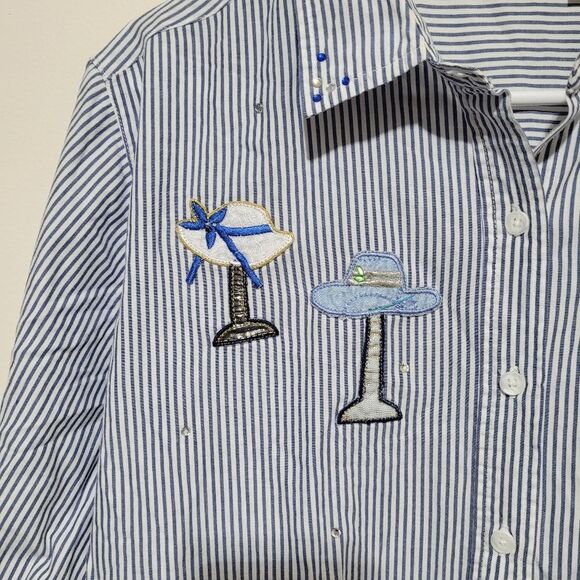 Vintage Bobbie Brooks Blue Striped Button-Up Shirt with Fancy Hats - Picture 4 of 4